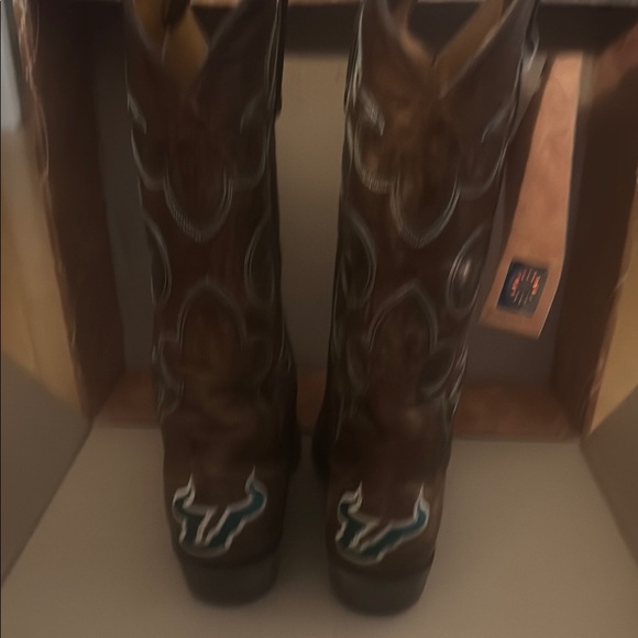 Brown Leather Cowboy Boots with Embroidered Design USF game day boots - Picture 5 of 7